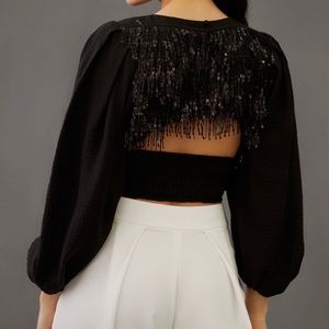 Current Air Black Sequins Open Back Puffy Balloon Sleeves Top Blouse XS